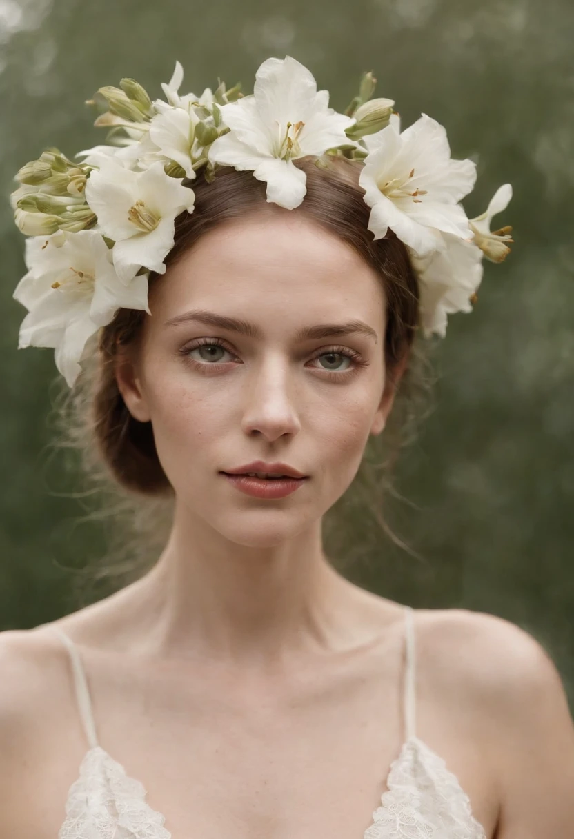 Caucasian woman in an illustration with dripping flowers on her face,upper body, in the style of collage-based, made of insects, william wegman, colorism, white background, pencil art illustrations, national geographic photo