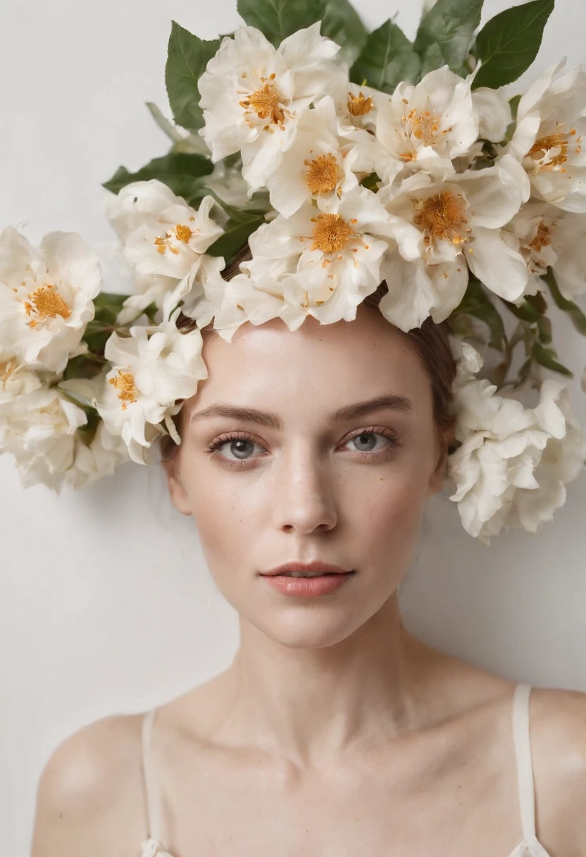 Caucasian woman in an illustration with dripping flowers on her face,upper body, in the style of collage-based, made of insects, william wegman, colorism, white background, pencil art illustrations, national geographic photo