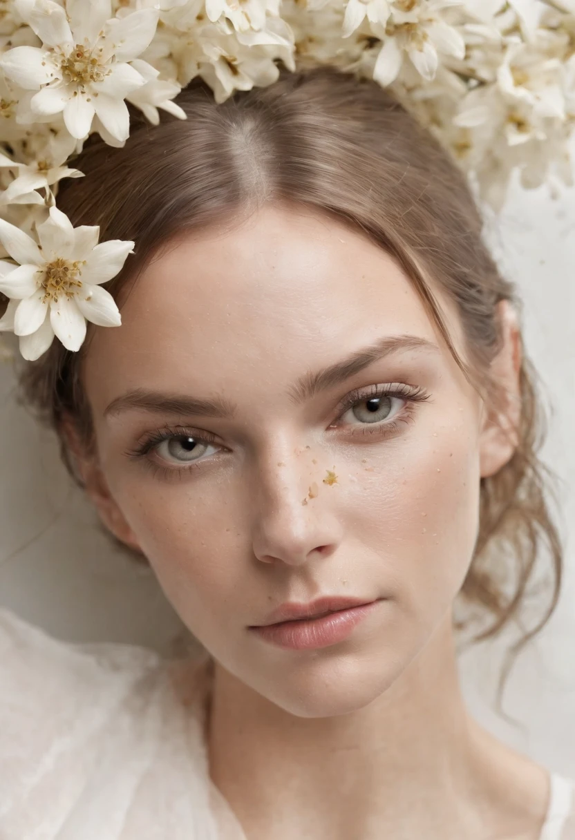 Caucasian woman in an illustration with dripping flowers on her face,upper body, in the style of collage-based, made of insects, william wegman, colorism, white background, pencil art illustrations, national geographic photo