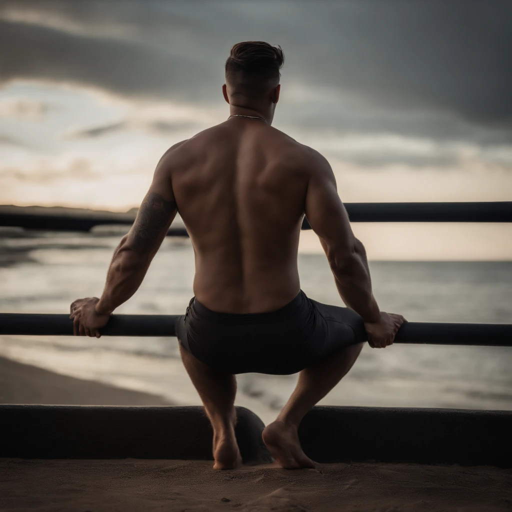 Homem adulto de 28 anos de pele oliva, com cabelos longos na altura dos ombros, com o corpo molhado, com tatuagens nas costas dentro do banheiro, backview, qualidade 8K, foco nítido, textura real da pele, foto RAW