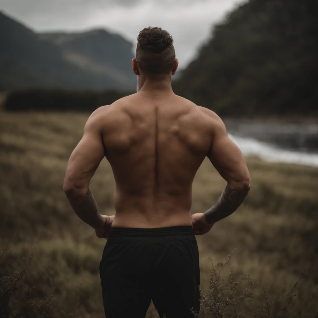Homem adulto de 28 anos de pele oliva, com cabelos longos na altura dos ombros, com o corpo molhado, com tatuagens nas costas dentro do banheiro, backview, qualidade 8K, foco nítido, textura real da pele, foto RAW
