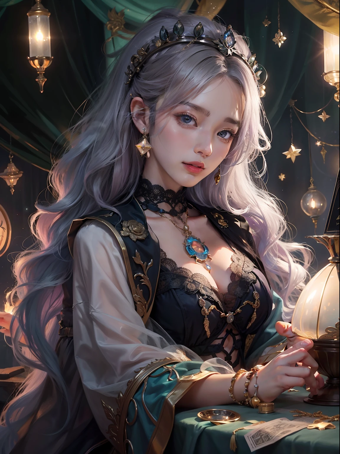 （tmasterpiece，top-quality，best qualityer，offcial art，Beauty and aesthetics：1.2），（1girll：1.3），wavy and long hair，light violet hair，The is very detailed，sportrait，looking at viewert，独奏，（full bodyesbian：0.6），detailedbackground，closeup cleavage，glowing light eyes，（Cold arctic winter theme：1.1），A fortune teller man，Charlatan，pervert smirk，mistic，sits at a table，Colorful shoulderless loose gypsy fortune teller clothes，holy grail，   tarot cards， crystal sphere， medieval times （interior of a tent：1.1） Background with， Tent curtains in the background， Dark and mysterious lights， shadowing， magical ambiance， star night，， Dutch angle，blackstockings