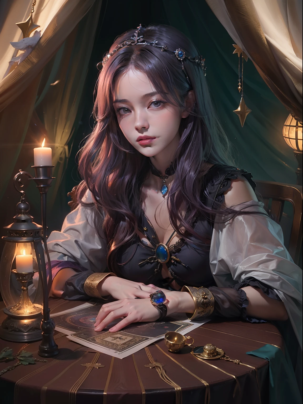 （tmasterpiece，top-quality，best qualityer，offcial art，Beauty and aesthetics：1.2），（1girll：1.3），wavy and long hair，light violet hair，The is very detailed，sportrait，looking at viewert，独奏，（full bodyesbian：0.6），detailedbackground，closeup cleavage，glowing light eyes，（Cold arctic winter theme：1.1），A fortune teller man，Charlatan，pervert smirk，mistic，sits at a table，Colorful shoulderless loose gypsy fortune teller clothes，holy grail，   tarot cards， crystal sphere， medieval times （interior of a tent：1.1） Background with， Tent curtains in the background， Dark and mysterious lights， shadowing， magical ambiance， star night，， Dutch angle，blackstockings