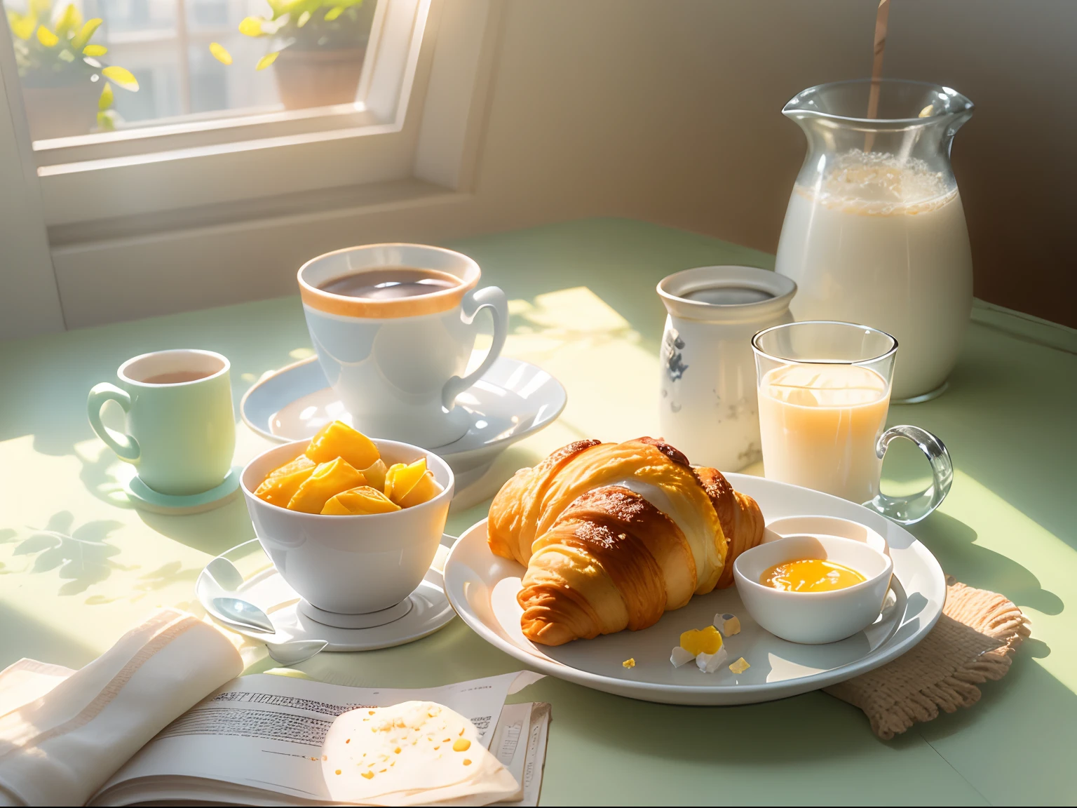 Croissant, Butter tablets,Pulp, poached egg, A glass of milk, Orange cut, Sunlight outside the window,