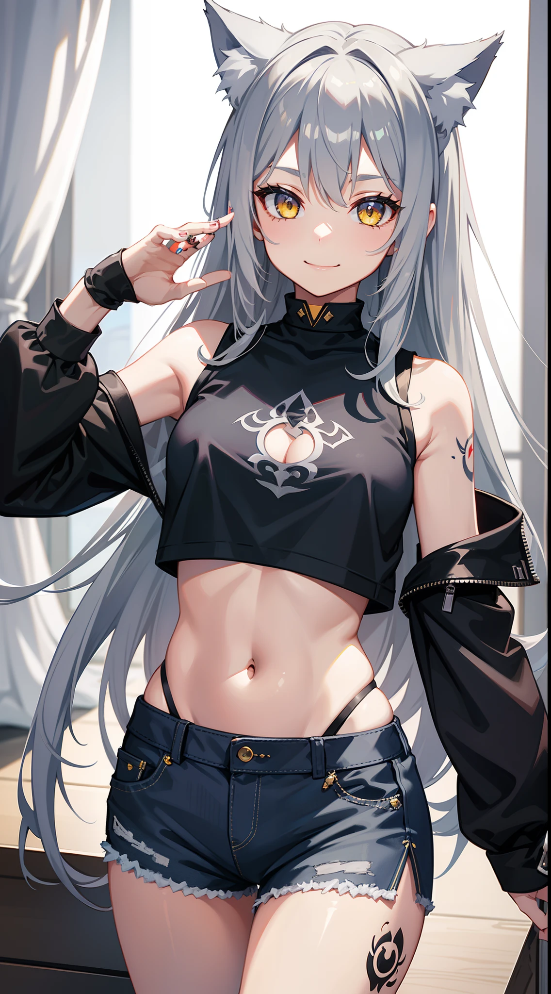 young girl, long gray hair, cat ears, Yellow eyes, Smile, tattoo, Tight blue fantasy shirt, open belly, Blue Fantasy Shorts, Masterpiece, hiquality, 4k, HD, Good detail