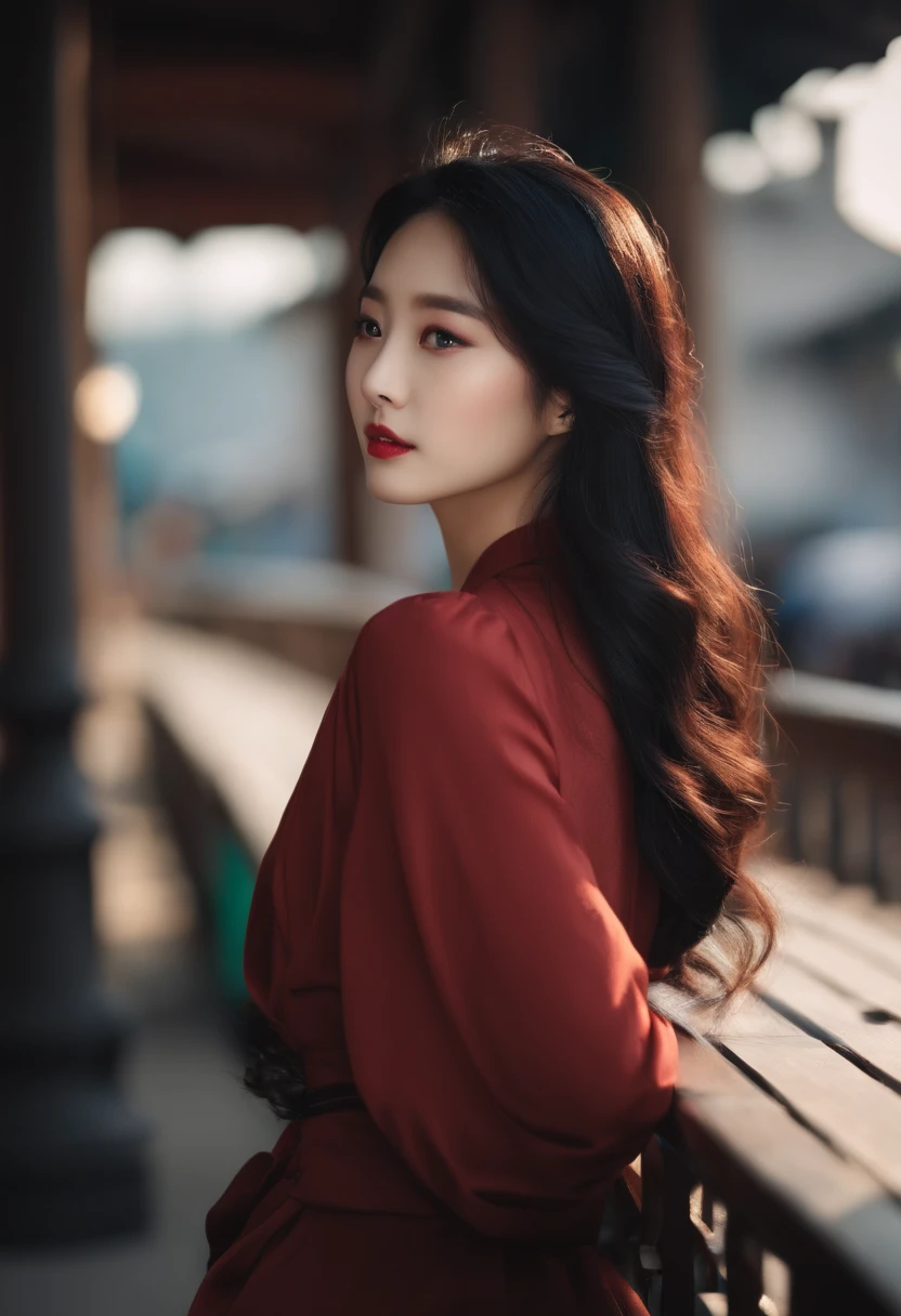 korean girl, long wayvy black hair, 22 years old