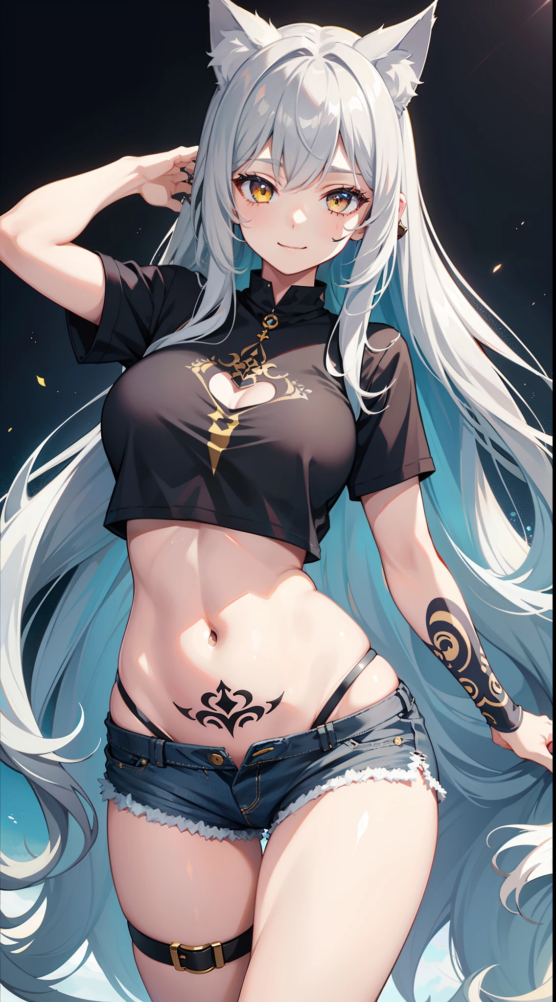 young girl, long gray hair, cat ears, Yellow eyes, Smile, tattoo, Tight blue fantasy shirt, open belly, Blue Fantasy Shorts, Masterpiece, hiquality, 4k, HD, Good detail