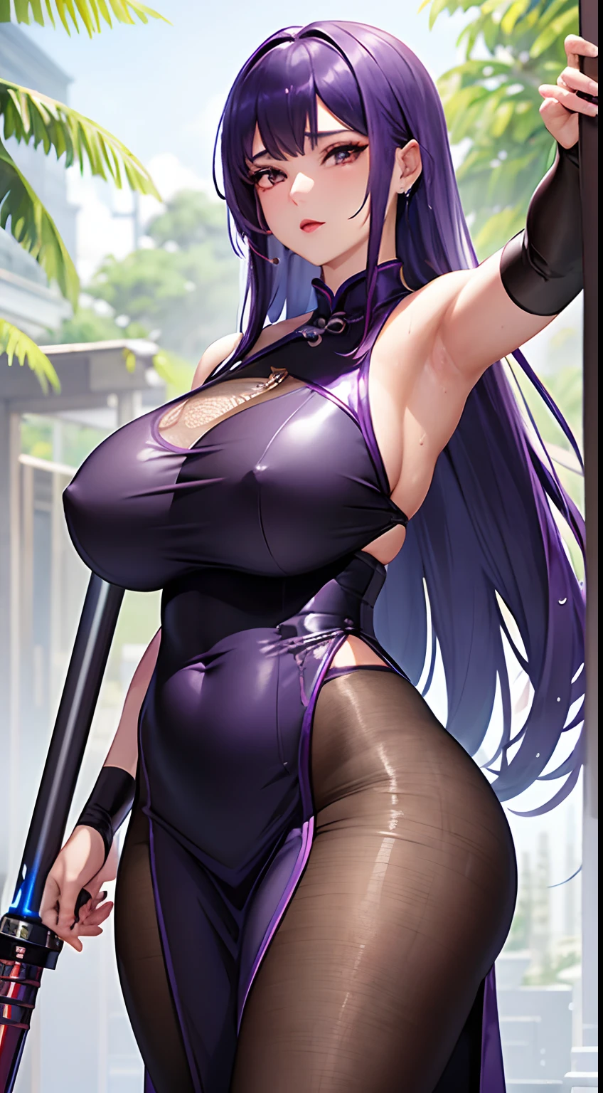 Glossy Metallic Silver Long Cheongsam　Chinese Idol　Purple hair　Shorthair　red-lips　Chaiborg　Flushed Face Mature Woman　cute little　bbw　Whip whip　plump waist　Contemptuous gaze　perplexed look　large boob　full of sweat　sweaty and shiny skin　Clean armpits　Under the heavy rain、Stand on a dark jungle river　Female swordsman with lightsaber　StarWars　Facing the front　Looking at the camera