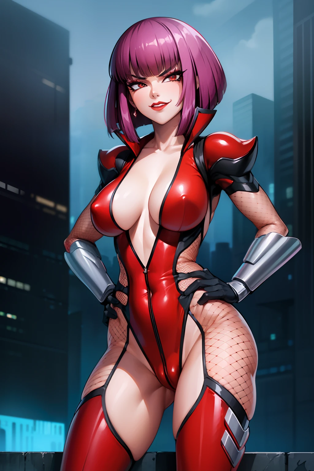 Oboro, 1girl, (solo:1.1), mature female, cowboy shot, standing, (on rooftop:1.1), on peek, hand on hips, hyperdetailed cyberpunk city, retrowave, night, sky, city lights, neon lights, skyscrapers, close-up, from below, looking at viewer, smug, smirk, purple hair, short hair, blunt, bangs, eyeshadow, lipstick, makeup, detailed face, red eyes, Mainsuit, (fishnets:1.05), center opening, thigh boots, (gauntlets:1.1), (gloves:1.03), large breasts, cleavage,