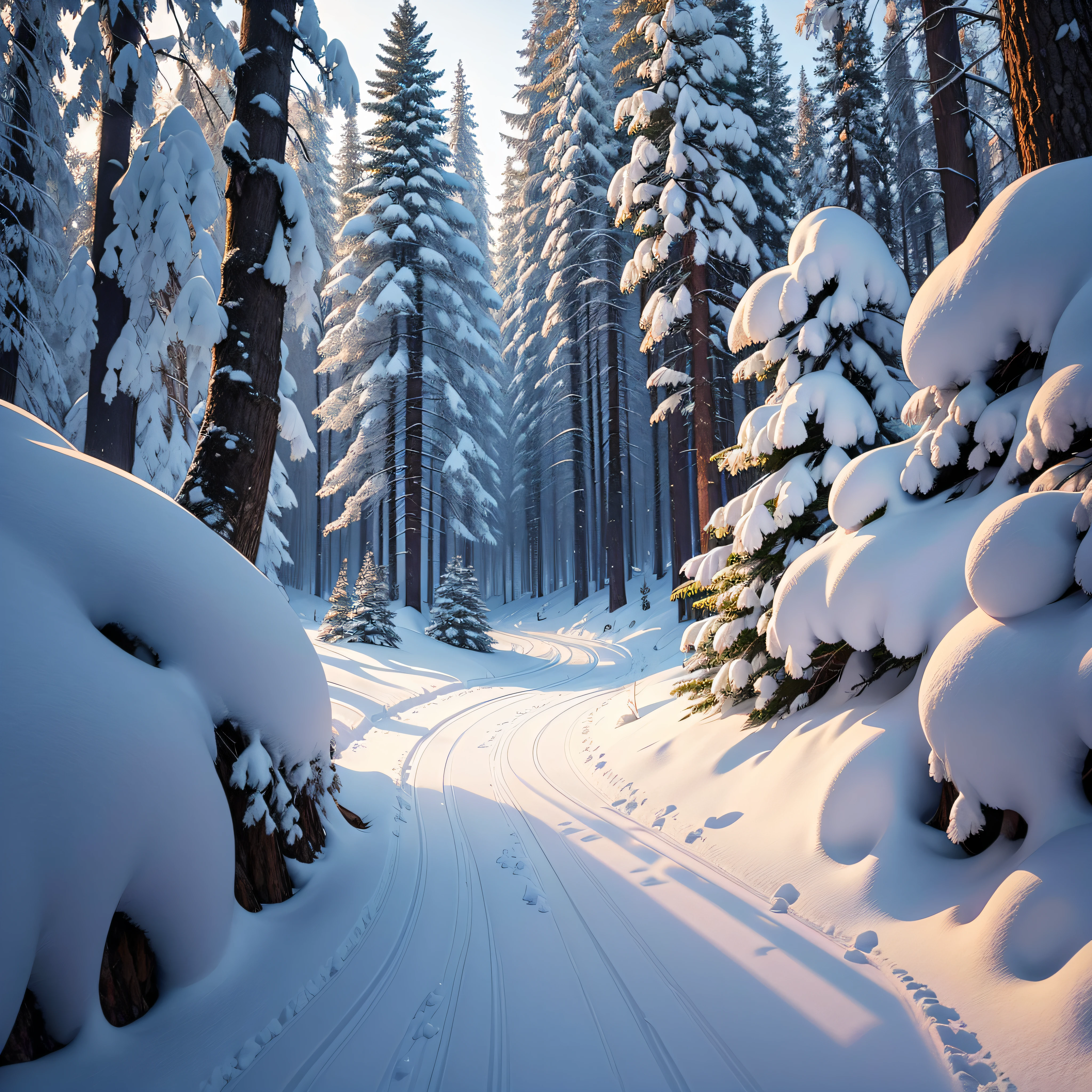 Snow-Covered Forest: A serene woodland covered in a fresh blanket of snow with evergreen trees adorned in twinkling lights.