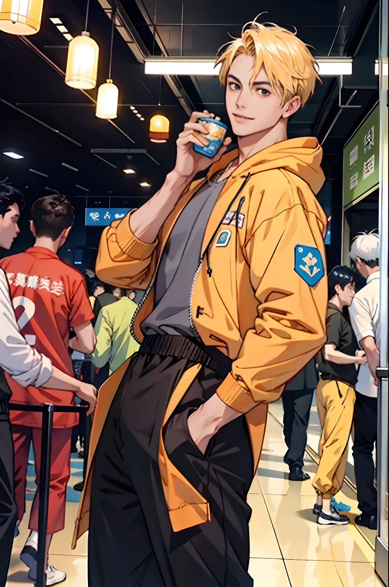 (tmasterpiece,超高分辨率,16k UHD,high qulity),low tune,commute,ads,tvp,standing on your feet,looking at viewert,hoody,tmasterpiece,in the dining room,sitted,(golden hair),Black eyes,Turn to the back,ssmile,seoul,(small heads),Precise anatomy,Precise hand structure,(Duck egg face),light colored costume,Jumpsuit,Unity 16K wallpaper,concept-art,One guy,8K eyes,(((Mature male))),(short detailed hair),track pants,(photorealiscic face:1.8),broad shoulder,slips,(full bodyesbian:1.6),Male 18,