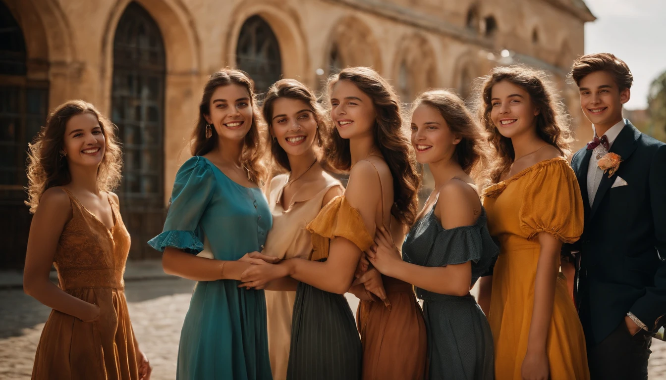 The Essence of Youth
In the sunny courtyard of a historic school, Three vibrant young women and four spirited young men come together to pose in an old-style photograph. Each individual has its own characteristics, Adding depth and personality to the composition. A atmosfera transborda nostalgia, capturing the essence of carefree youth and the joy of shared moments. A imagem irradia calor, friendship and the timeless beauty of young passion.