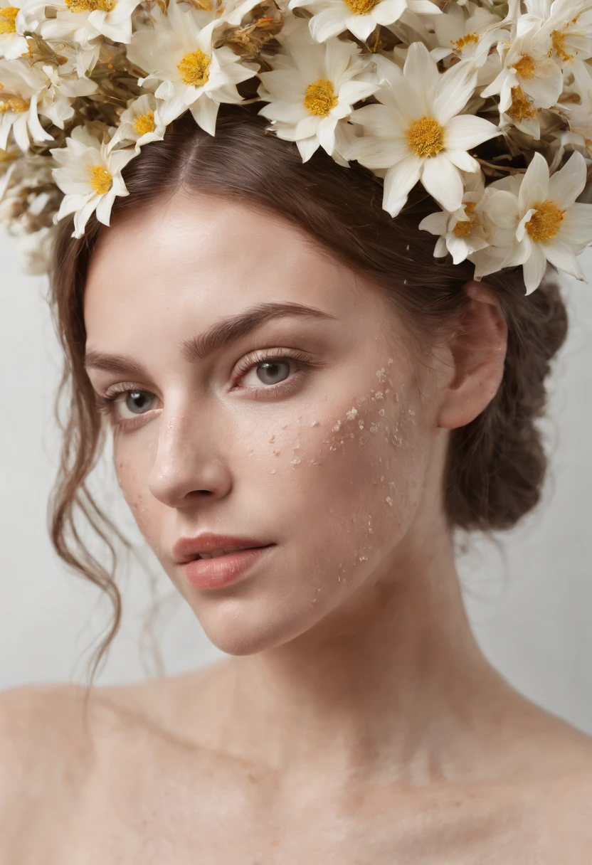 Caucasian woman in an illustration with dripping flowers on her face,upper body, in the style of collage-based, made of insects, william wegman, colorism, white background, pencil art illustrations, national geographic photo