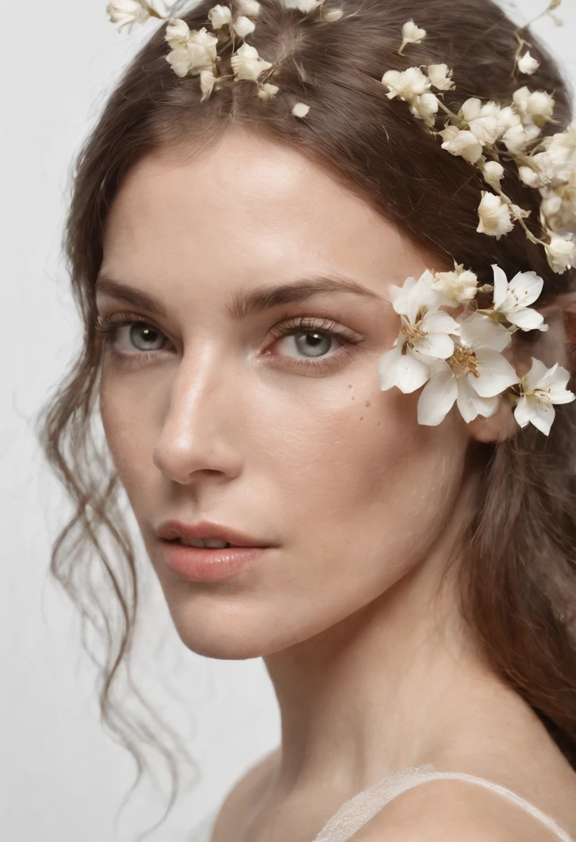 Caucasian woman in an illustration with dripping flowers on her face,upper body, in the style of collage-based, made of insects, william wegman, colorism, white background, pencil art illustrations, national geographic photo