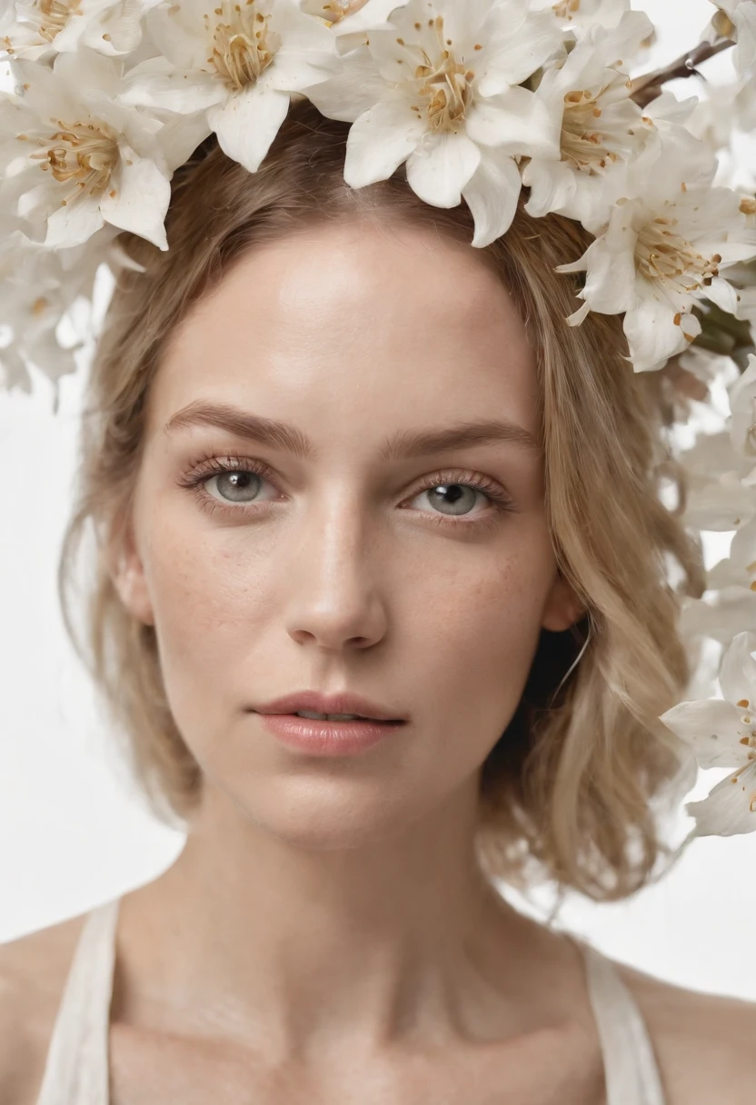 Caucasian woman in an illustration with dripping flowers on her face,upper body, in the style of collage-based, made of insects, william wegman, colorism, white background, pencil art illustrations, national geographic photo