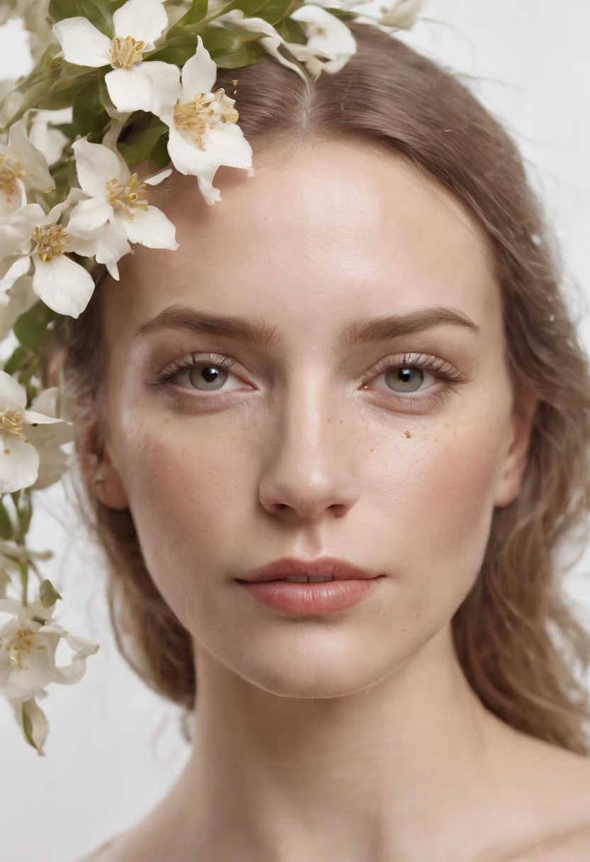 Caucasian woman in an illustration with dripping flowers on her face,upper body, in the style of collage-based, made of insects, william wegman, colorism, white background, pencil art illustrations, national geographic photo