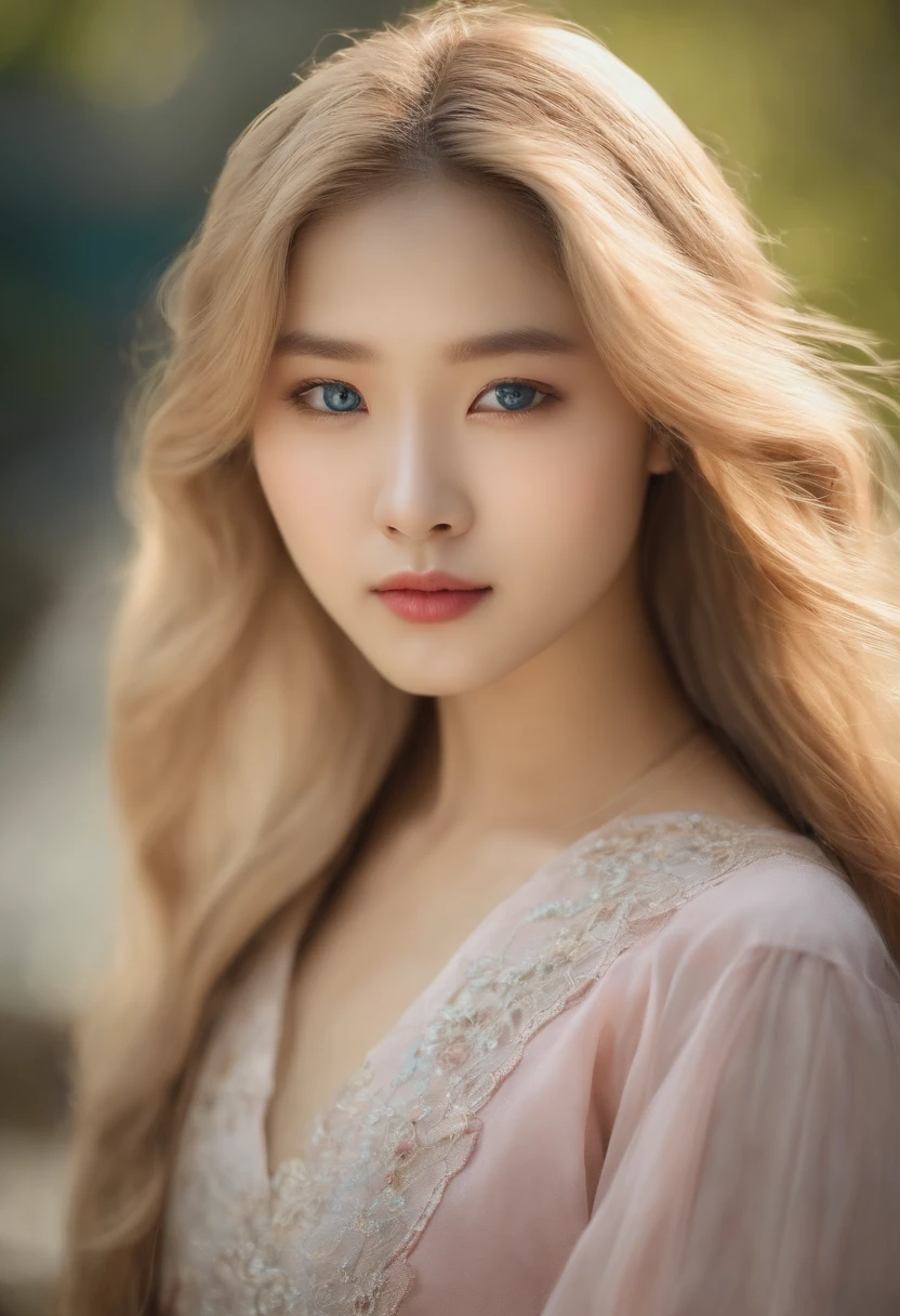 15 years old korean girl, long blond hair, blue eyes