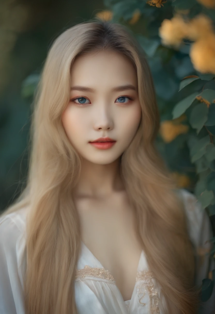 15 years old korean girl, long blond hair, blue eyes