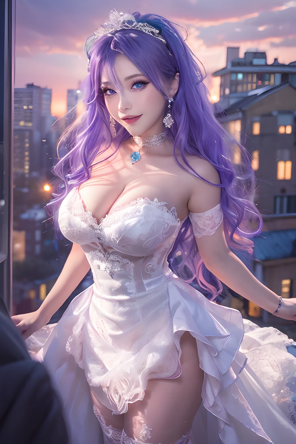 (Masterpiece), (Best quality), In winter, Sunset, Cityscape, (Huge_filesize), (Real), (Realistic), Girl, Long hair, Purple hair, Wavy hair, Makeup , Light smile, Blue eyes, Medium breasts, Wedding_dress, Bare_bshoulders, white thighhighs, Earrings, jewelry, Black choker , necklace, Turning around,