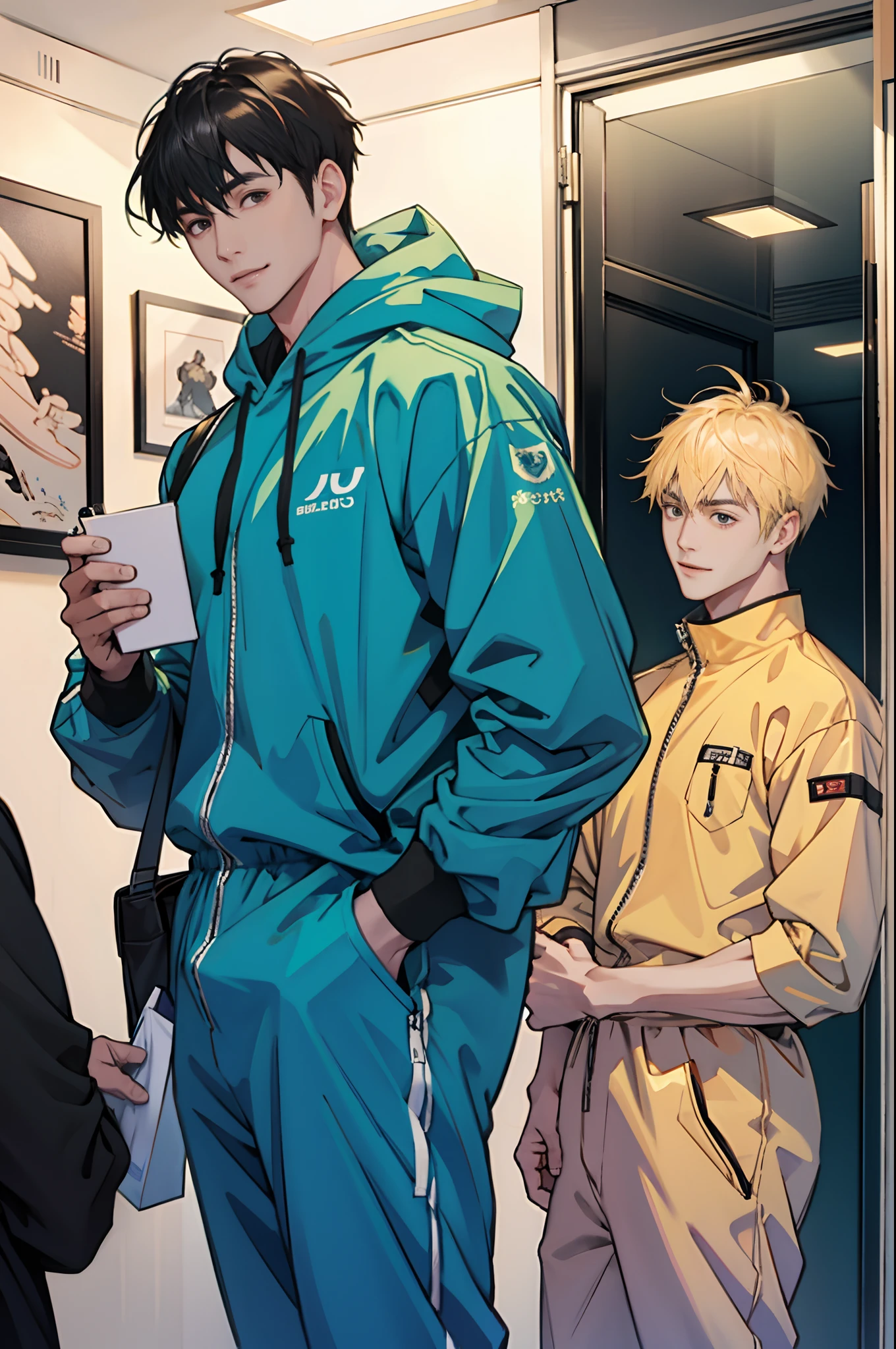 （tmasterpiece，超高分辨率，16k UHD，high qulity），low tune，commute，ads，tvp，standing on your feet，looking at viewert，hoody，tmasterpiece，in the dining room，sitted，（golden hair），Black eyes，Turn to the back，ssmile，seoul，（small heads），Precise anatomy，Precise hand structure，（Duck egg face），light colored costume，Jumpsuit，Unity 16K wallpaper，concept-art，One guy，8K eyes，（（（Mature male））），（short detailed hair），track pants，（photorealiscic face：1.8），broad shoulder，slips，（full bodyesbian：1.6），Male 18，