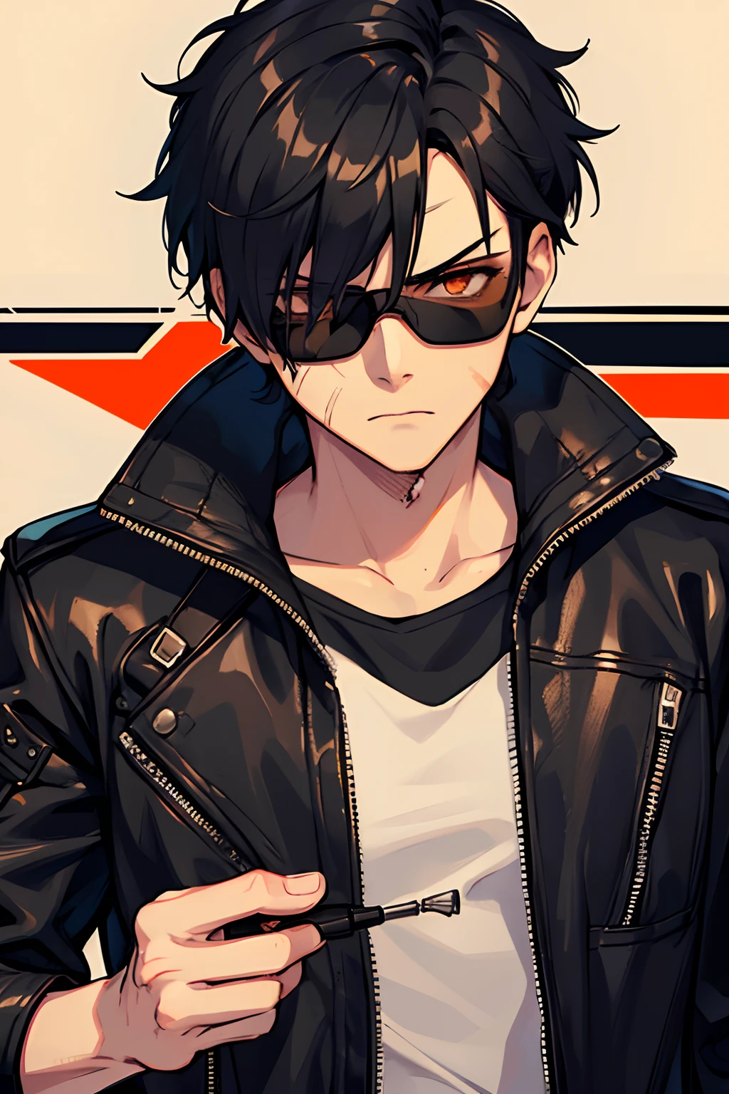 boy, strong, fighter, black hair, shades, technician, mechanic, band-aid on face, cut scars on face, leather jacket, blowtorch sparks, dusty clothes, stoic expression, neutral expression, workshop background, bright orange eyes