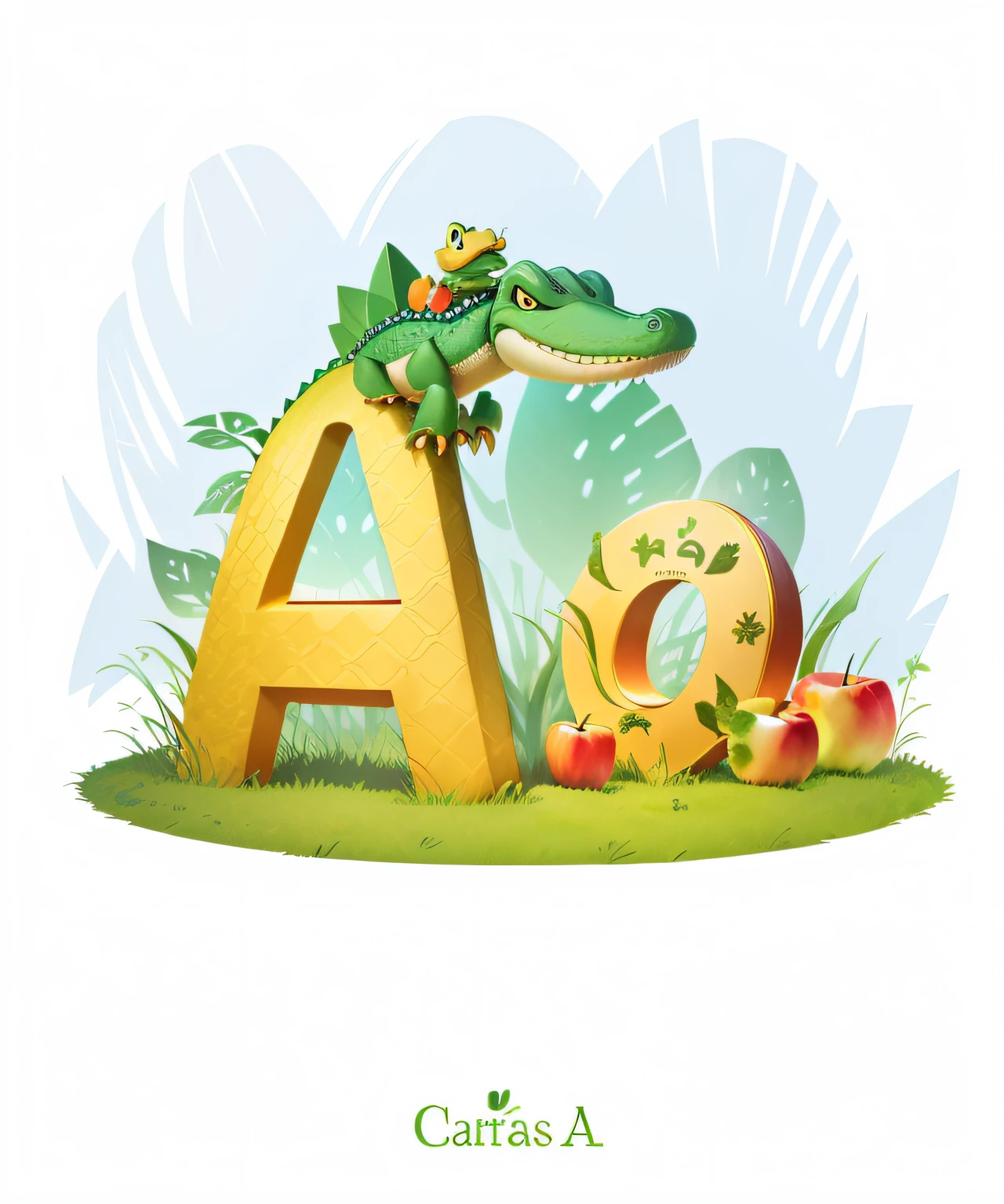 Close-up of cartoon crocodile with letter A in the grass, letter a, letter a, colorful kids book illustration, anthropomorphic alligator,The foliage of the grass is the letter A,The tail of the lowercase letter a,Cartoon ants,apples