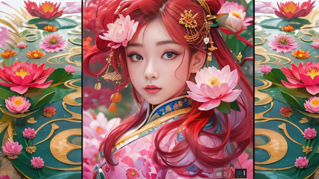 32K(tmasterpiece,k hd,hyper HD,32K)Big floating waves,Flowing rouge,ponds,zydink, a color, Asian people (Water Goddess), (Bubble Mart), Combat posture, looking at the ground, Large rolls of rouge, Flowing rouge curls,Moon headdress, Chinese long-sleeved clothing, Giant multicolored bubbles(abstract ink splash:1.2), Pink peony flower background,Water lily flower protector(realisticlying:1.4),Rouge hair,The fireball is in full swing,The background is pure, A high resolution, the detail, RAW photogr, Sharp Re, Nikon D850 Film Stock Photo by Jefferies Lee 4 Kodak Portra 400 Camera F1.6 shots, Rich colors, ultra-realistic vivid textures, Dramatic lighting, Unreal Engine Art Station Trend, cinestir 800,Large blisters,Flowing rouge