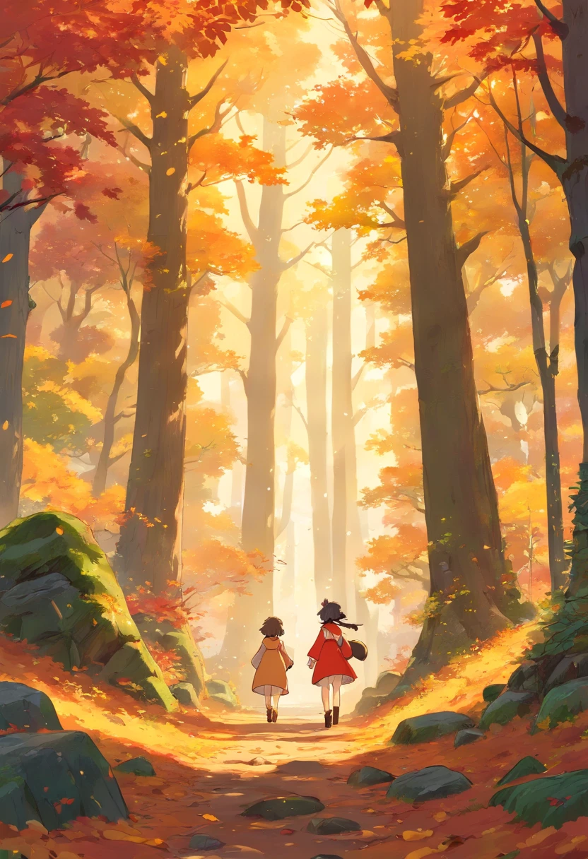 Best quality,Ultra-detailed,Realistic,landscape,Autumn,Beautiful warm colors,Sunlight shines through the trees,vibrant foliage,Tranquil atmosphere,Fresh air,subtle mist,Fallen leaves cover the earth,The sun peeps through the canopy,Dappled light,Quiet silence,Sturdy trunk,Majestic branches stretch out to the sky,Cascading leaves float gently in the air,Delicate autumn leaves dance in the wind,Rich bark texture,Lovely orange tones,Red,and yellow,Colorful foliage covers the forest floor,Leaves rustle and whisper,Mossy rocks and fallen logs,Golden hour lighting,a peaceful and serene atmosphere.