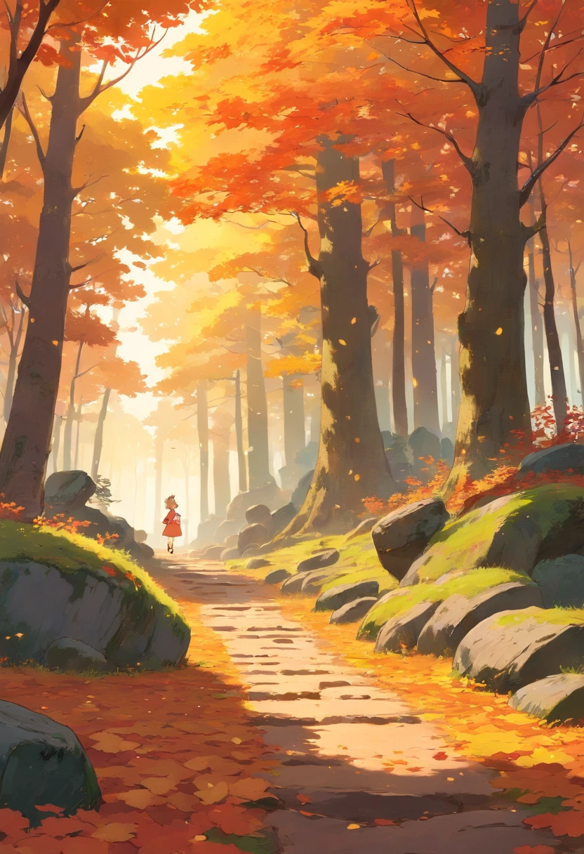 Best quality,Ultra-detailed,Realistic,landscape,Autumn,Beautiful warm colors,Sunlight shines through the trees,vibrant foliage,Tranquil atmosphere,Fresh air,subtle mist,Fallen leaves cover the earth,The sun peeps through the canopy,Dappled light,Quiet silence,Sturdy trunk,Majestic branches stretch out to the sky,Cascading leaves float gently in the air,Delicate autumn leaves dance in the wind,Rich bark texture,Lovely orange tones,Red,and yellow,Colorful foliage covers the forest floor,Leaves rustle and whisper,Mossy rocks and fallen logs,Golden hour lighting,a peaceful and serene atmosphere.