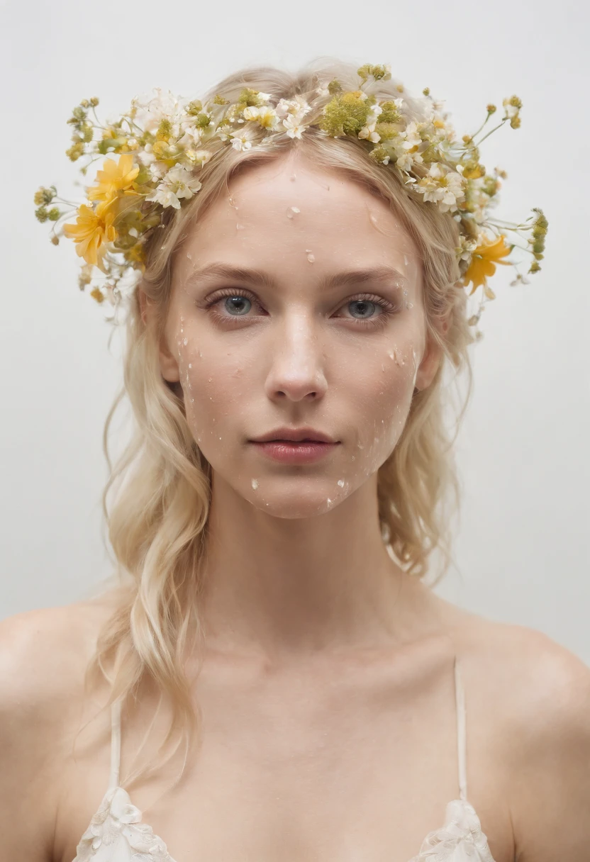 Caucasian woman in an illustration with dripping flowers on her face,upper body,blonde hair, in the style of collage-based, made of insects, william wegman, colorism, white background, pencil art illustrations, national geographic photo