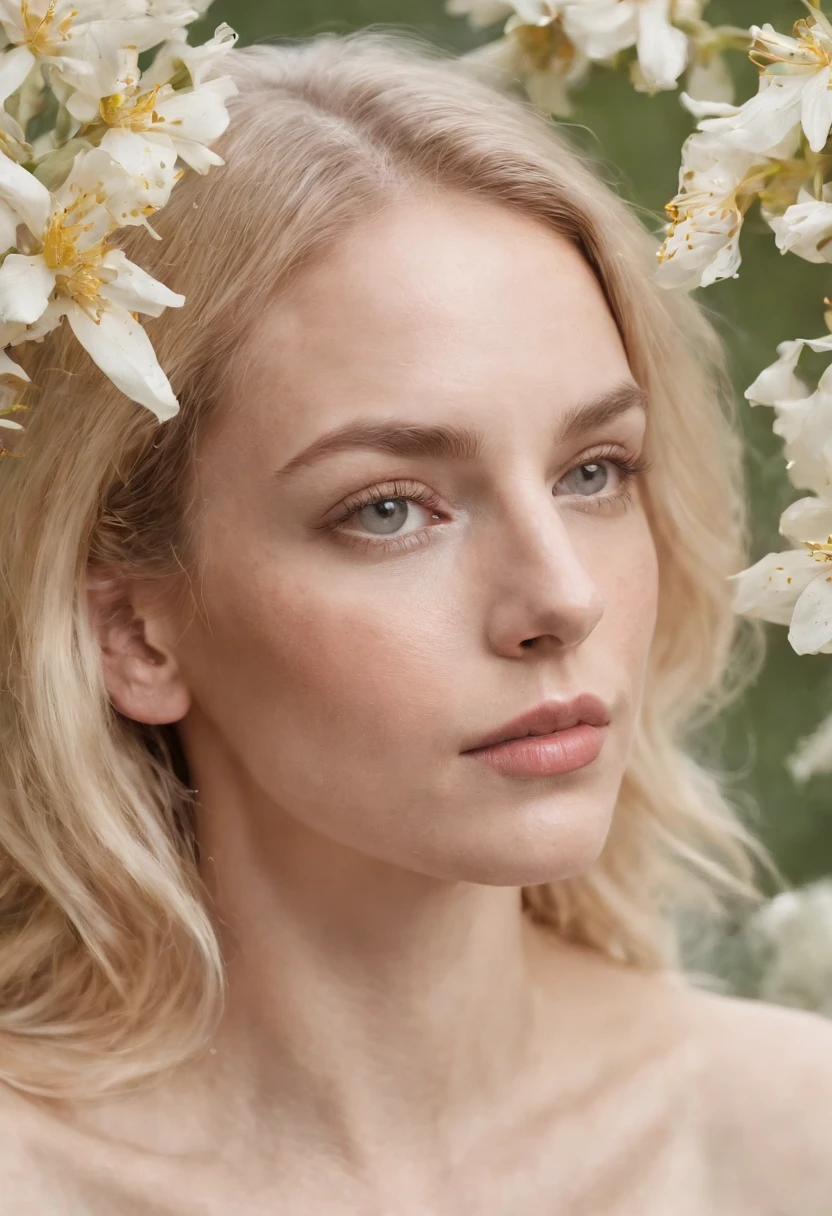 Caucasian woman in an illustration with dripping flowers on her face,upper body,blonde hair, in the style of collage-based, made of insects, william wegman, colorism, white background, pencil art illustrations, national geographic photo