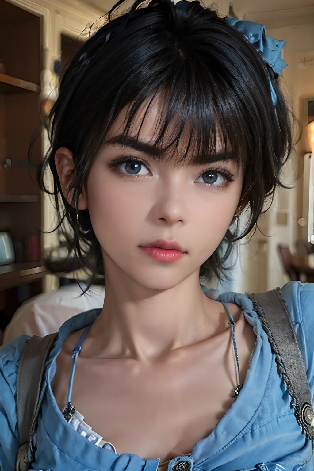1fille, short black hair with two blue locks around the face, yeux bleus, grande poitrine, portant une chemise blanche unie, avec une petite cravate, Short en jean avec telephone dans la poche avant , ville, absurdes, high resolucion, Ultranet, 8k, Masterpiece, Regarder le spectateur