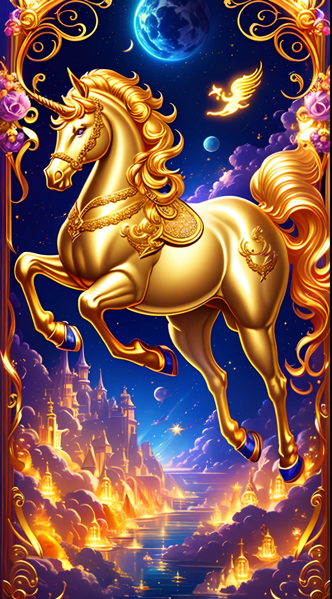 (absurderes、hight resolution、ultra-detailliert、realisitic、)、Golden Unicorn、The surroundings glow golden、Deities々Right、Messenger of God、dazzling