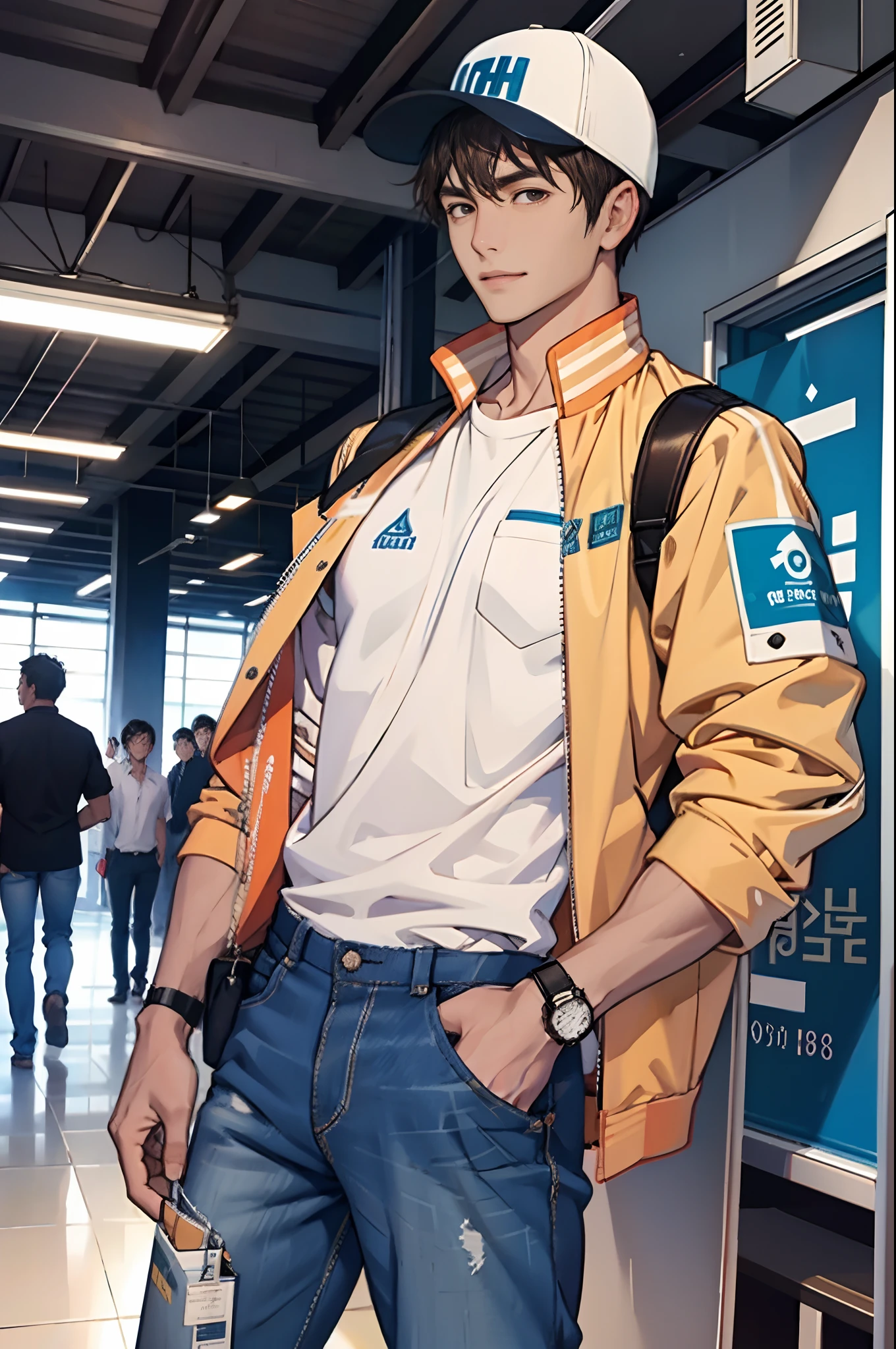 (tmasterpiece,超高分辨率,16k UHD,high qulity),low tune,commute,ads,tvp,standing on your feet,looking at viewert,tmasterpiece,pretty, Strong, musculature, In the university's cafeteria,sitted,(Brown super short hair that stands up),Black eyes,Turn to the back,ssmile,vogue, Seoul,(small heads),Precise anatomy,sports club, Precise hand structure,light colored costume,A flight jacket with a cute pattern in light colors, jeans, espadrilles, Casual chic, Pocket, wristwatch, baseball cap,Unity 16K wallpaper,concept-art,One guy,8K eyes,(((Mature male))),(short detailed hair),Work pants,(photorealiscic face:1.8),broad shoulder,slips,(full bodyesbian:1.6),Male 24,