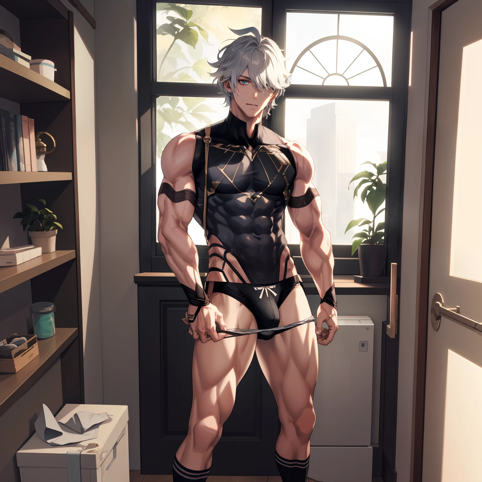 1 boy ,Libido boy,20yr old,Handsome,Raised sexy,k hd, tmasterpiece,8K,White thong,Bare upper body,Bare lower body,white short socks,massive bulge,Only thongs were worn,A sexy pose,Trembling,full-body view