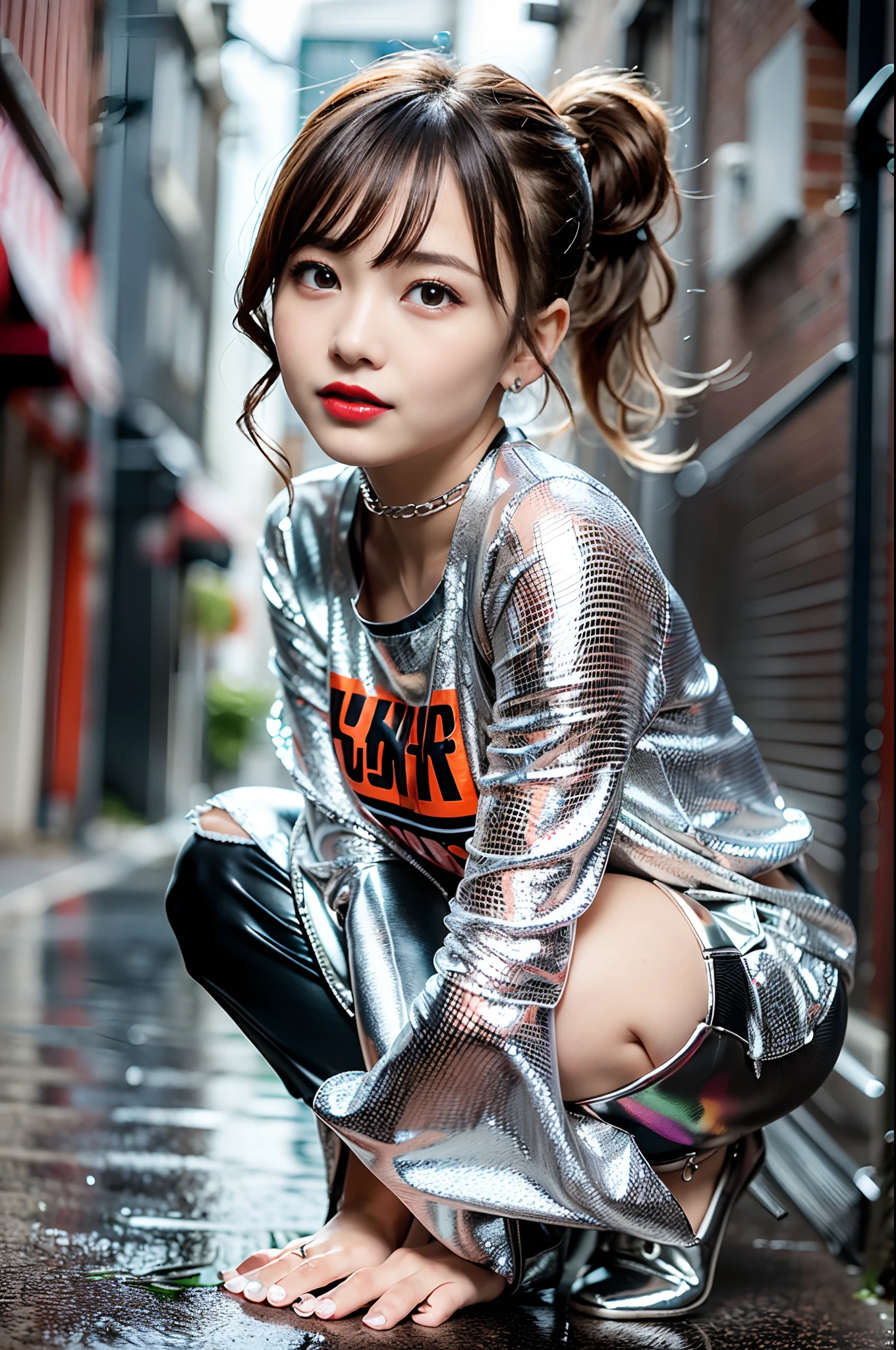 sologirl,Back alley in heavy rain,Drenched bad girl,piercings,Punk rock fashion,Punk rock shirt with chain,Punk rock pants with chain,a choker,(The whole body is soaking wet,Rainwater dripping from the face,Wet face,wetting hair,Wet and glowing skin,Soaking wet costumes,),(Shiny silver and orange hair,Short ponytail),(The composition of the princess's face,big eye,Pointed lips,red lipsticks,Cute round face,A smile that makes the viewer happy,blushing with embarrassment,red blush,),(Bold poses,(The 8k quality,masutepiece,top-quality,Ultra-high resolution output image,),intricate detailes,(Highly detailed raw photos:1.3),(Image Mode Ultra HD),crouching down,