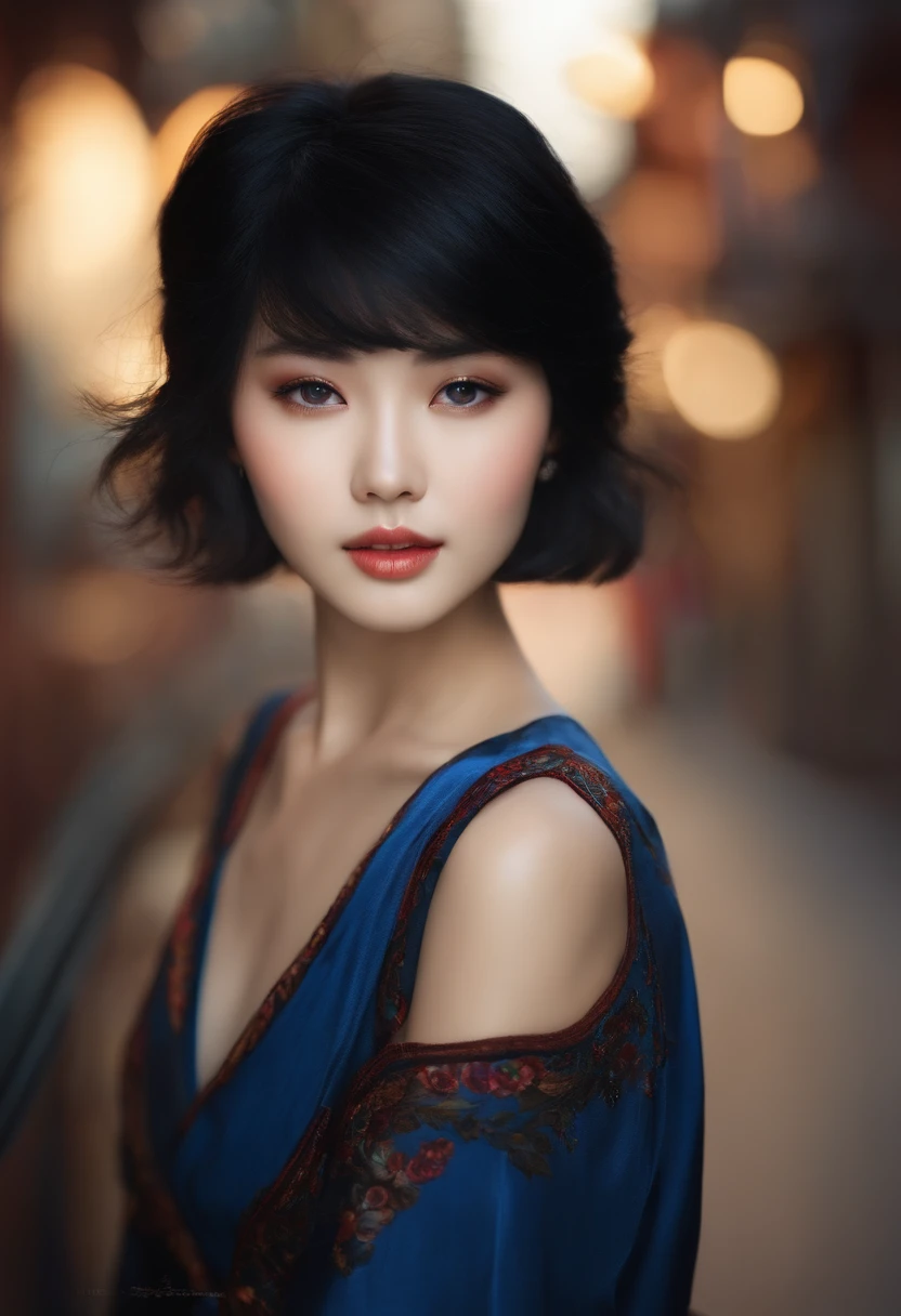 korean girl ,short black hair,blue eyes.