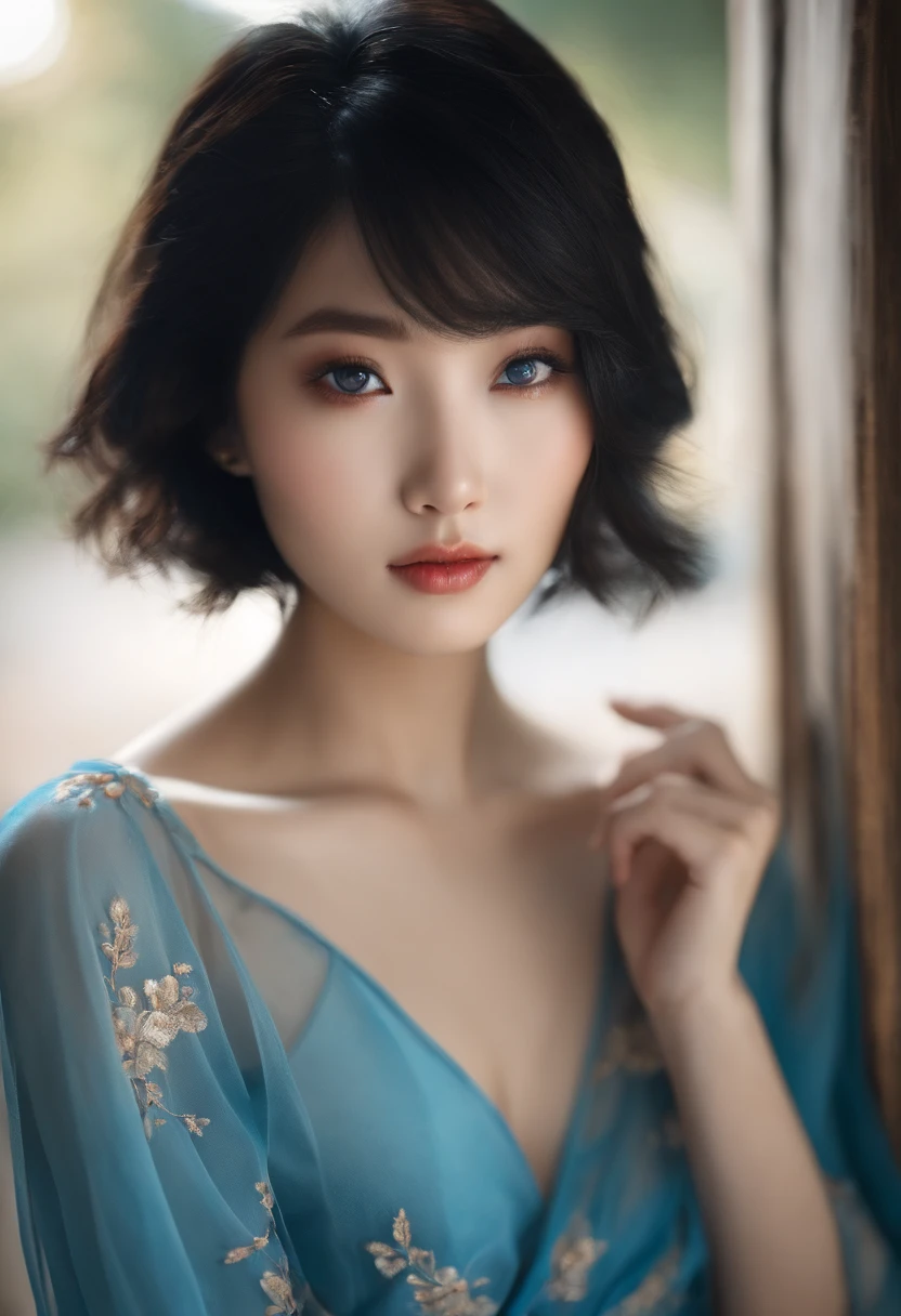 korean girl ,short black hair,blue eyes.