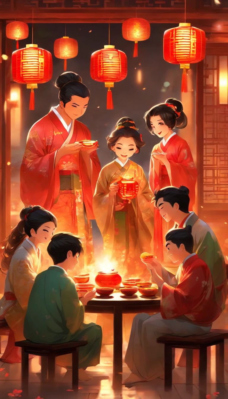 Family at the dinner table,A family eats mooncakes,Men honor their parents with gifts in their hands, Happy family, There are mooncakes on the table,Gift in hand, tea drinking and paper lanterns, warm and joyful atmosphere, Digital illustration, Poster illustration, , , digital illustrations , Chinese style painting, , exciting illustration,