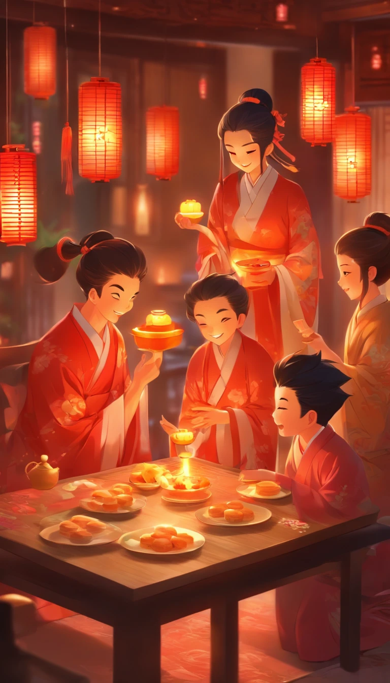 Family at the dinner table，A family eats mooncakes，Men honor their parents with gifts in their hands, Happy family, There are mooncakes on the table,Gift in hand， tea drinking and paper lanterns, warm and joyful atmosphere, Digital illustration, Poster illustration, ???, , digital illustrations , Chinese style painting, , exciting illustration,