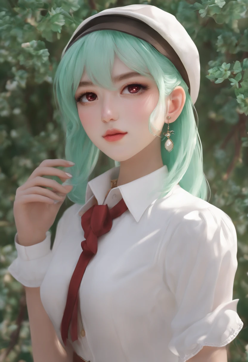 1girl, (bags under eyes:1.5), mint green hair, twin_braid, white beret, white shirt, flower necktie