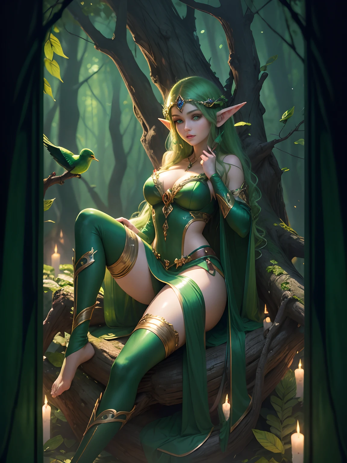 In the heart of a mystical forest, a seductive elf maiden sits upon a tree branch, her emerald eyes sparkling as she shares secrets with a radiant bird adorned with glowing feathers.
