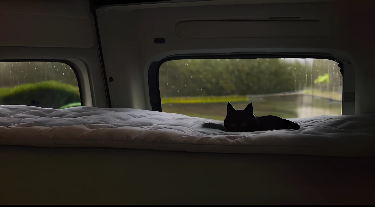There was a cat sitting on the bed in the van, inside on a rainy day, Rainy afternoon, It's raining outside, rainy outside, Looking out the window, rainy outside, On a rainy day, It's raining outside, someone sits in bed, It was raining outside the window, next to a big window, looks out the window, looking out, Big windows