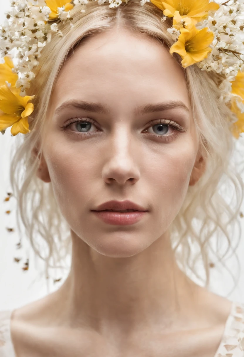 Caucasian woman in an illustration with dripping flowers on her face,upper body,blonde hair, in the style of collage-based, made of insects, william wegman, colorism, white background, pencil art illustrations, national geographic photo