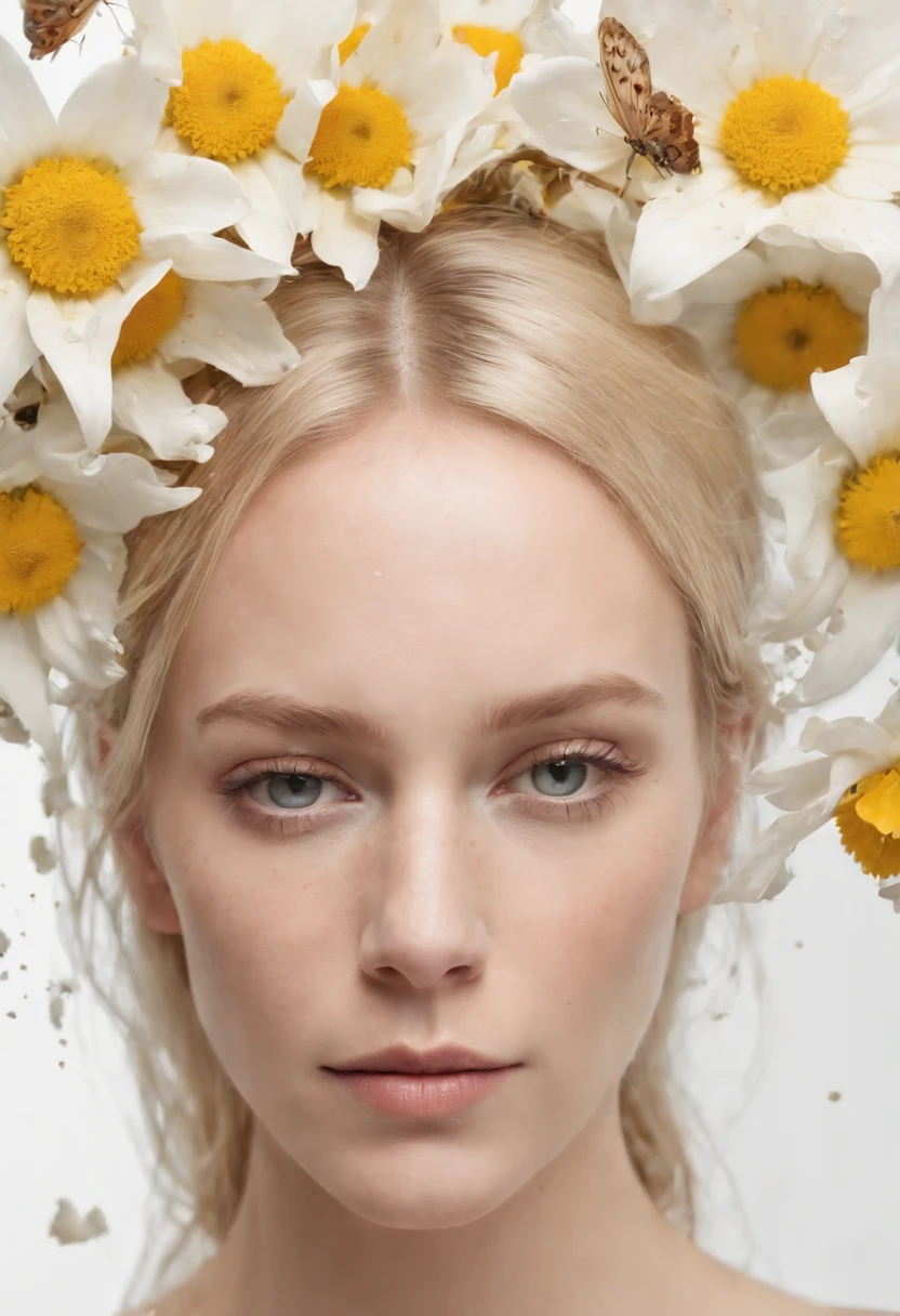 Caucasian woman in an illustration with dripping flowers on her face,upper body,blonde hair, in the style of collage-based, made of insects, william wegman, colorism, white background, pencil art illustrations, national geographic photo