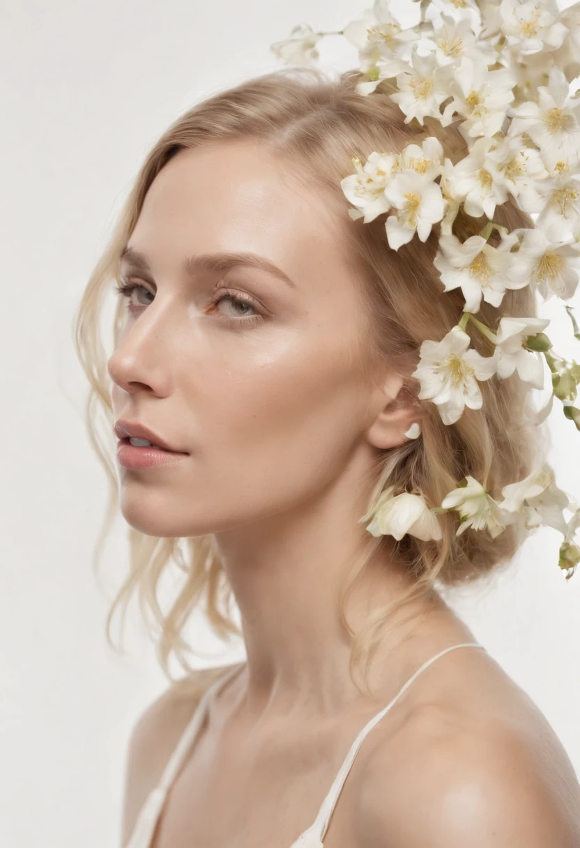 Caucasian woman in an illustration with dripping flowers on her face,upper body,blonde hair, in the style of collage-based, made of insects, william wegman, colorism, white background, pencil art illustrations, national geographic photo