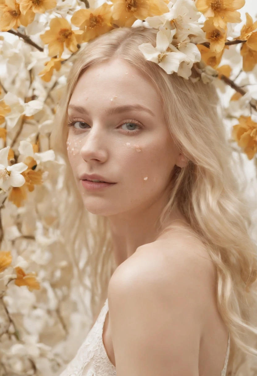 Caucasian woman in illustration,Flowers dripping on the face,Upper body,Blonde hair, Collage-based style, Made of insects, William Wegman, Skin color discrimination, White background, Pencil art illustration, National Geographic photo,full bodyesbian