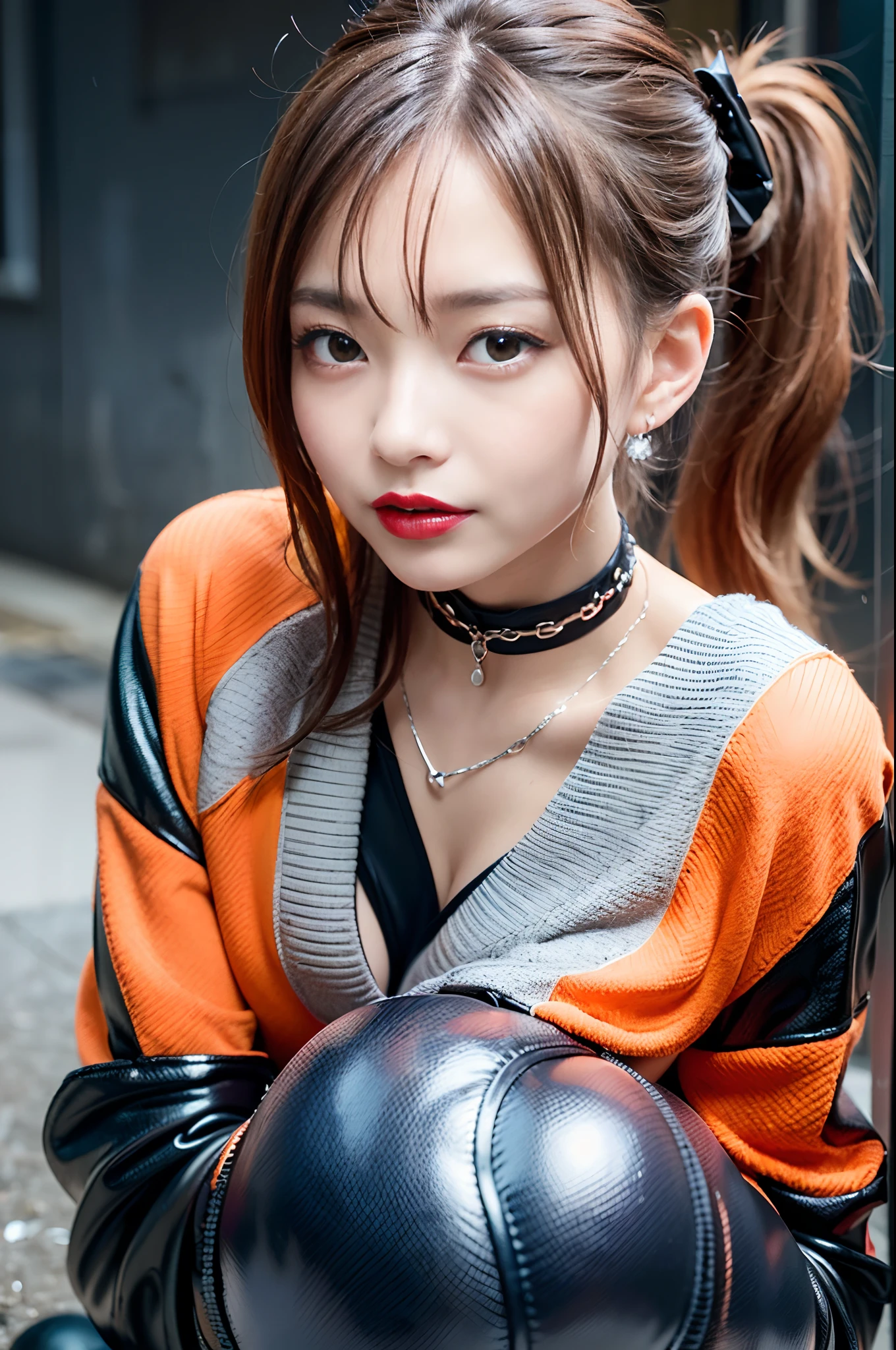 sologirl,Back alley in heavy rain,Drenched bad girl,piercings,Punk rock fashion,Punk rock shirt with chain,Punk rock pants with chain,a choker,(The whole body is soaking wet,Rainwater dripping from the face,Wet face,wetting hair,Wet and glowing skin,Soaking wet costumes,),(Shiny silver and orange hair,Short ponytail),(The composition of the princess's face,big eye,Pointed lips,red lipsticks,Cute round face,A smile that makes the viewer happy,blushing with embarrassment,red blush,),(Bold poses,(The 8k quality,masutepiece,top-quality,Ultra-high resolution output image,),intricate detailes,(Highly detailed raw photos:1.3),(Image Mode Ultra HD),crouching down,