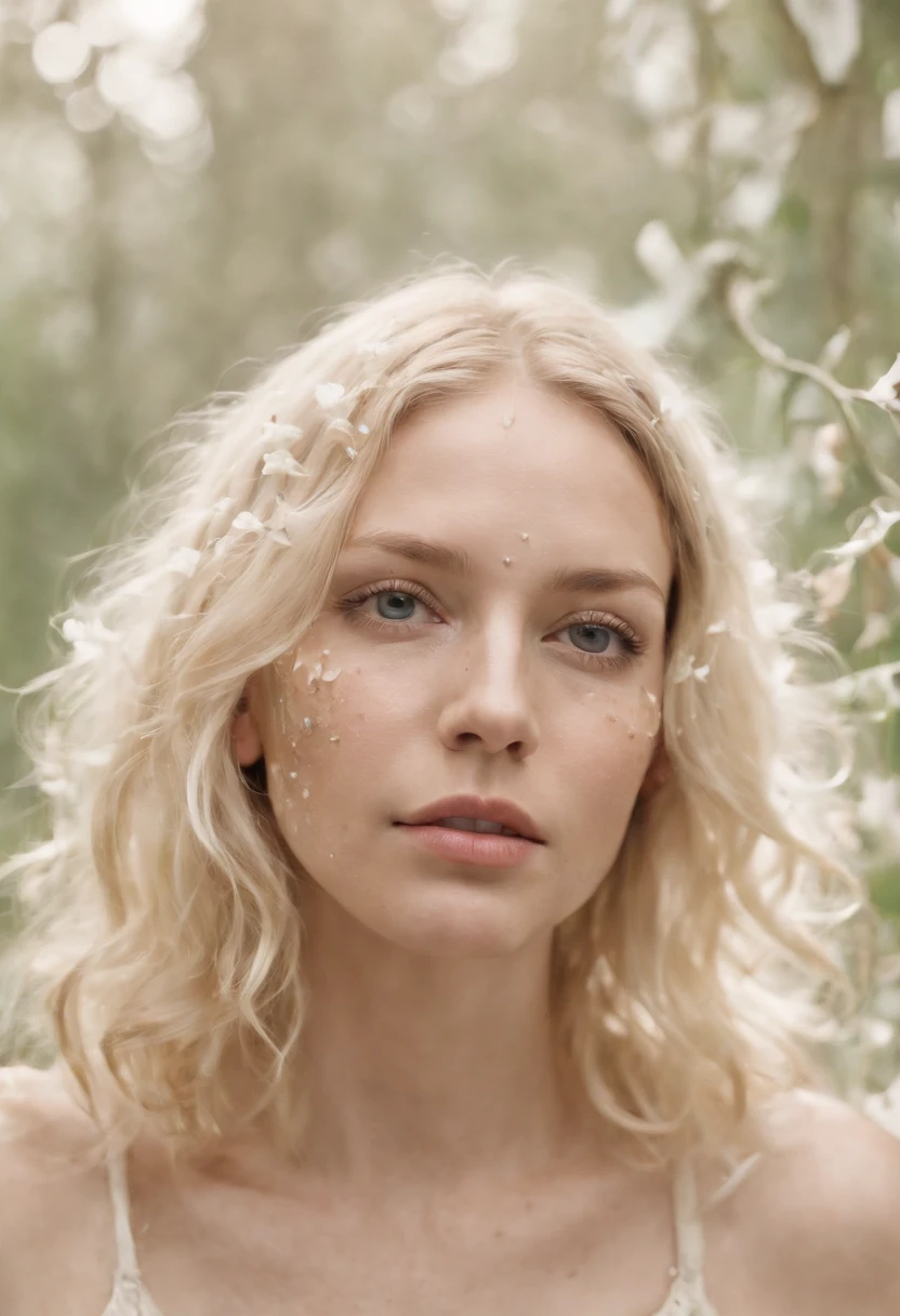 Caucasian woman in an illustration with dripping flowers on her face,upper body,blonde hair, in the style of collage-based, made of insects, william wegman, colorism, white background, pencil art illustrations, national geographic photo
