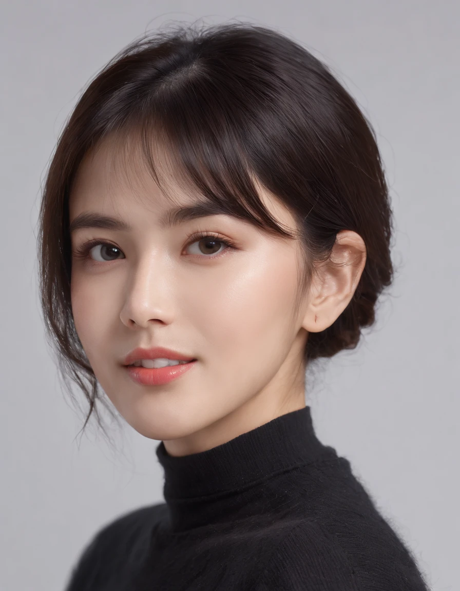 ((Side view)),(Masterpiece:1.3), (8K, Photorealistic, RAW photo, Best quality: 1.4), White background ,Kaihuai, Be happy, Show your teeth,(1girll), Beautiful face, (Realistic face), (Black hair, Short hair:1.3), Beautiful hairstyle, Realistic eyes, Beautiful detailed eyes, (Realistic skin), Beautiful skin, (Black sweater), absurderes, Attractive, 超高分辨率, Ultra photo realsisim, Highly detailed, Golden ratio